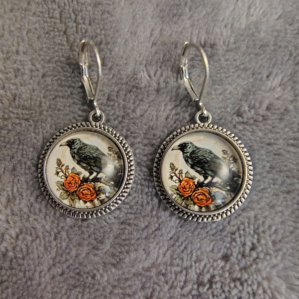 Silver Raven and Rose Dangle Earrings